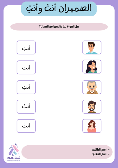 صورة ورقة عمل الضميران أنتَ وأنتِ