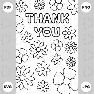 صورة بطاقة شكر زهور قابلة للطباعة والتلوين للأطفال - كرت بالإنجليزية - Printable Flowers Thank You Coloring Card For Kids